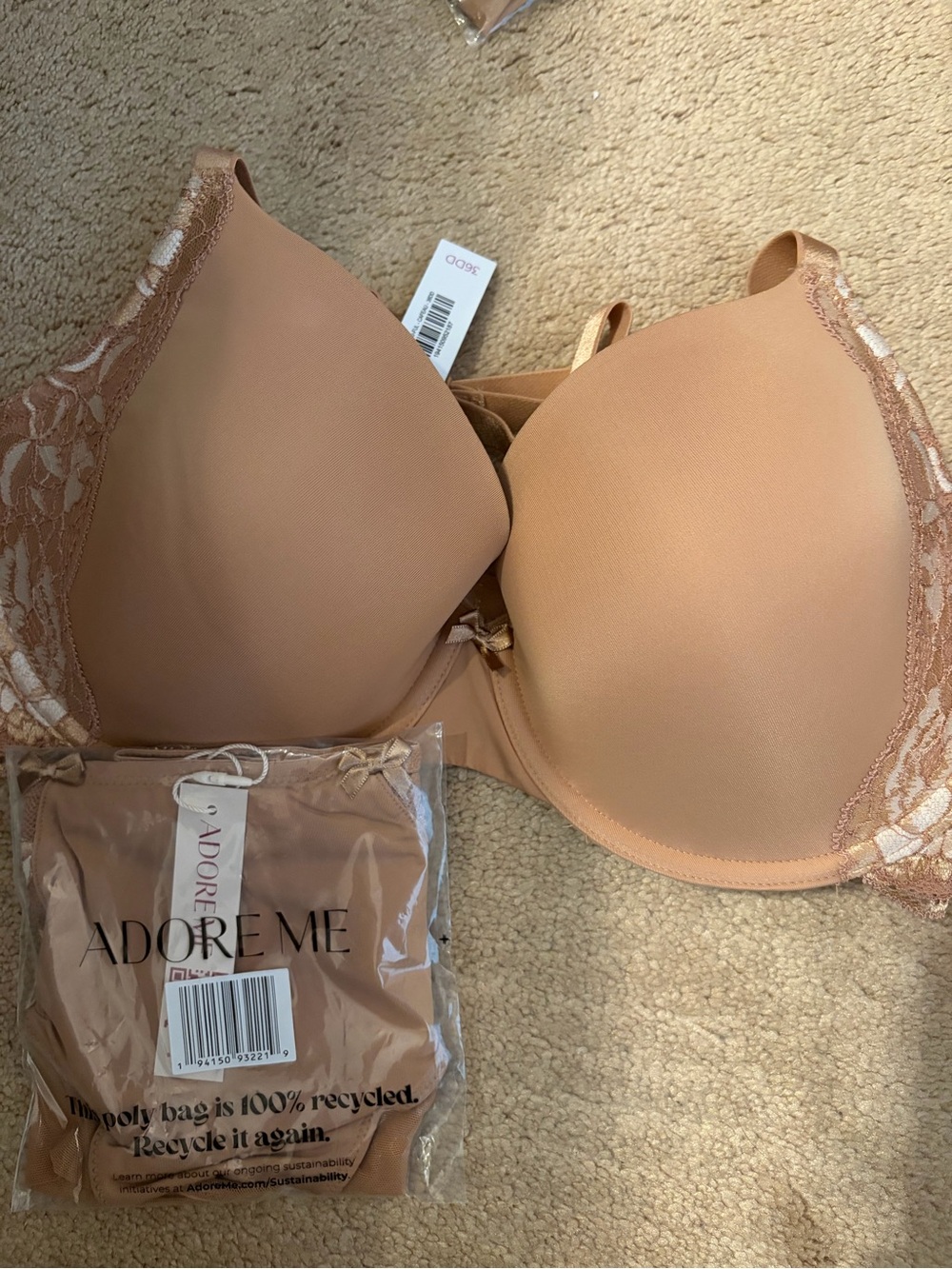 Adore Me Beige Lace-Trim T-Shirt Bra